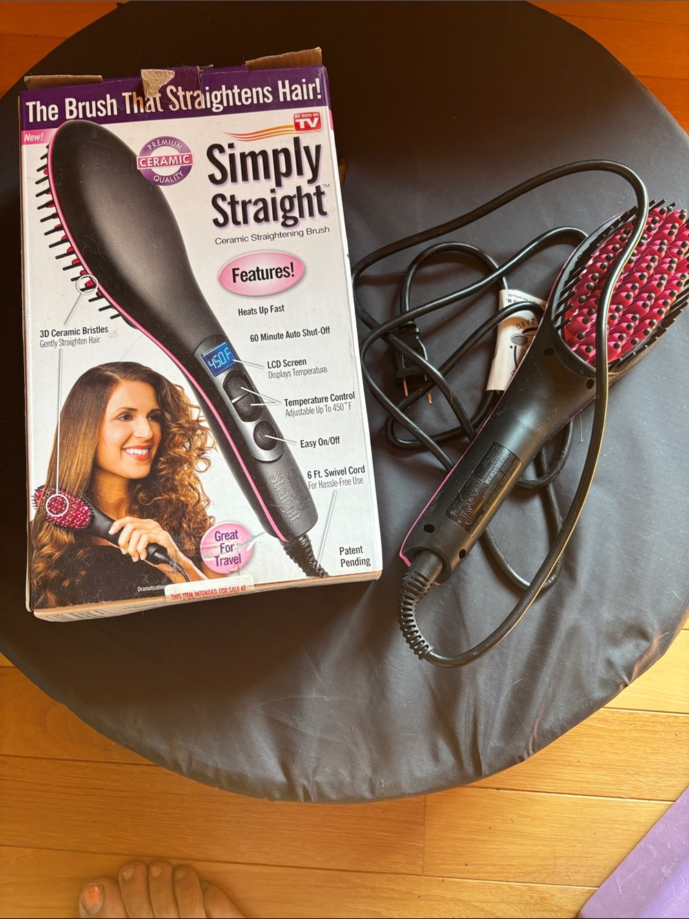 Simply Straight Ceramic Hair Straightening Brush — Black with Pink Accents